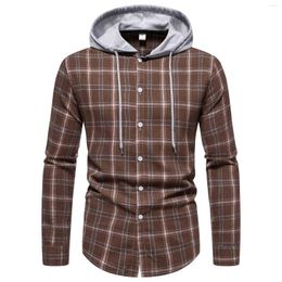 Men's Casual Shirts Mens Plaid Hooded Checked Shirt Loose Long Sleeve Blouse Tops Men Chemise Homme Social Jacket Male Clothes Outfits