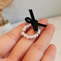 Cluster Rings Simple Elegant Black Velvet Bowknot For Women Simulated Pearl Bead Ring Female Elastic Finger Jewelry