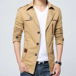 Men's Trench Coats Autumn Pure Cotton Trench Coat Men Wash Windbreaker Overcoat Slim Long Coat Turn Down Collar Casual Jacket Blue 231010