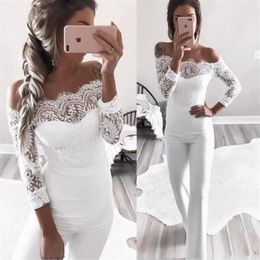 Women's Jumpsuits & Rompers Elegant Off Shoulder Lace Womens Summer Jumpsuit Sexy Ladies Casual Long Trousers Overalls White233Y