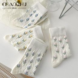 Women Socks CHAOZHU 4 Pairs/lot Fresh Cartoon Kawaii Tulip White Spring Summer Set Cotton Combed Knitting