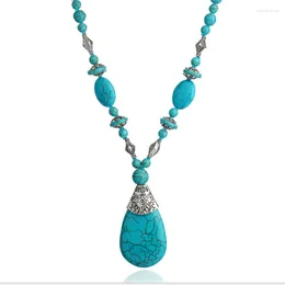 Pendant Necklaces Silver Plated Water Drop Green Turquoises Stone Long Beads Chain Necklace Bohemian Style Jewelry