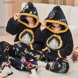 Men's Sleepwear Winter Mens Pyjamas Set Matching Couple Sleepwear With Hooded Fleece Warm Nightwear Anime Print Hombre Pijama Hoodie HomewearL231011