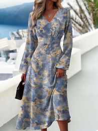 Casual Dresses Fashion V-neck Long Sleeve Vintage Midi Dress Women 2023 Autumn Floral Print Elegant Office Ladies For Robe Femme