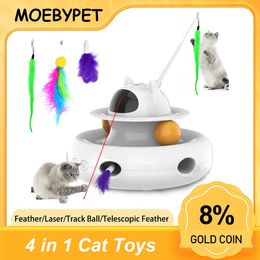 Cat Toys Moebypet Interactive 4-in-1 Cat Toy Rechargeable Feather Stick Laser Trackball Retractable Feather Indoor Toys for Cats 231011