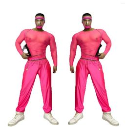 Сценическая одежда для взрослых и мужчин, танцевальная одежда в стиле хип-хоп, флуоресцентный розовый сексуальный сетчатый топ для ночного клуба, брюки, костюм Gogo, вечерние костюмы для бара, рейв-наряда