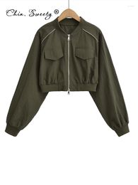 Women's Jackets Fashion Solid Bomber Short Coat Pocket Zipper Long Sleeve Jacket Female Casual Loose Autumn Ladies Crop Tops Outwear