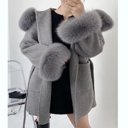 Womens Wool Blends Oversize Ladies Outerwear Real Fur Coat Winter Jacket Women Natural Collar Cuffs Hood Cashmere Woollen 231010