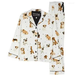 Home Clothing Women Pyjamas Set Soft Cotton Cartoon Dog Printed Pyjamas Long-Sleeved Trousers Suit Simple Style Lovely Wear PJS Female