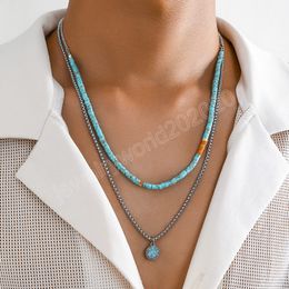 Piccola catena di perline di pietra con collana con pendente rotondo per uomo Catene a strati alla moda sul collo Accessori Gioielli di moda Regali