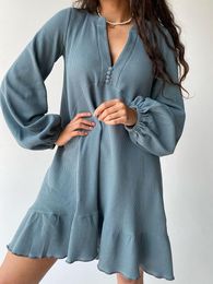 Women's Sleepwear Linad Knitted Night Dress Women Loose Long Sleeve V Neck Peplum Woman Dresses Autumn Casual Female Nightwear Solid