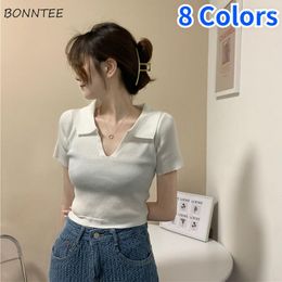 Women's T Shirts T-shirts Women Knitted Slim Korean Style Elastic Short Sleeve Hollow Out Elegant Lady Sexy Lace-up Simple Casual All-match