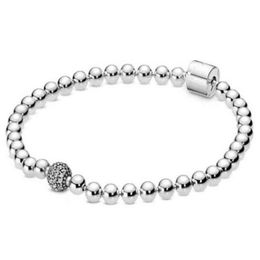 Genuine 925 Sterling Silver Bangle Smooth Beads Pave Crystal Ball Bracelet Fit Bead Charm Diy Fashion Jewelry295h