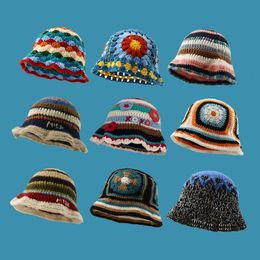 Wide Brim Hats Bucket Hats Cute Dopamine Wind Japanese Handmade Crochet Knitted Bucket Hat Rainbow Rhombus Plaid Wool Bucket Winter Basin Hat Bucket Hat 231010