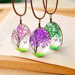 Pendant Necklaces 1PC Oval Glass Real Dried Flower Long Necklace For Women Girl Statement Tree Of Life Charm Jewelry