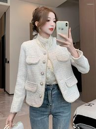 Women's Jackets High Quality Women Beige Tweed Coat Autumn Winter Slim Temperament Beads Tops Korean Fashion Woman Clothing