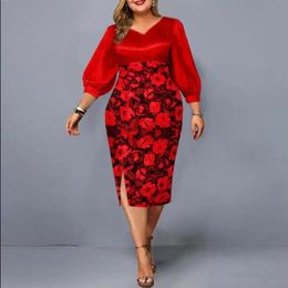 Plus Size Dresses Elegant Dress 2021 Women Floral Print Mid Red Autumn Ladies Sexy V-neck Christmas Club Party 3XL 4XL 5XL271Y