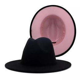 Wide Brim Hats Black Pink Patchwork Wool Felt Jazz Fedora Hat Women Unisex Panama Party Trilby Cowboy Cap Men Gentleman Wedding279G