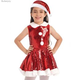 Theme Costume Kids Girls Christmas Santa Claus Cosplay Dress for New Year Xmas Party Gift Performance Come Sleeveless Sequins Dress+Hat SetL231010