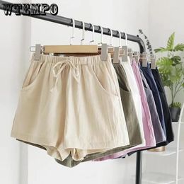 Women's Shorts WTEMPO Womens Loose Linen Cotton Casual Khaki Korean Wide Leg Pant Drawstring Summer Elastic Waist Streetwear