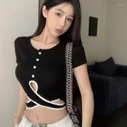 Women's T Shirts Women Black White Contrast Colour Short Length Shirt 2023 Summer Lady Criss-cross Buttons Hollow Out T-shirts Basic Crop Top