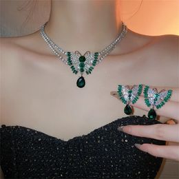 Wedding Jewellery Sets Luxury Butterfly Necklace Earrings Green Crystal Women Weddings Bride Accessories 231011