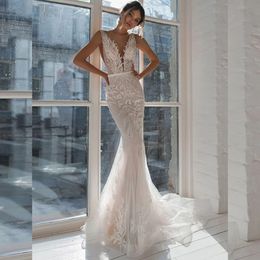 Sexy V Neck Mermaid Wedding Dress Sleeveless Lace Applique Backless Bridal Gown Sweep Train Luxury Vestidos De Novia