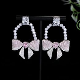 Dangle Earrings Luxury Sweet Pearl Chains Bowknot Daily For Women Wedding Cubic Zircon Dubai Bridal Costume Jewellery E1126