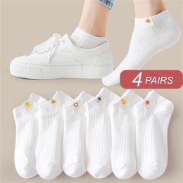 Women Socks 4 Pairs Cartoon Fruit Fabric Label Cotton Short Ankle Low For Summer White Girls Sweat-absorbing Boat Invisible Sock