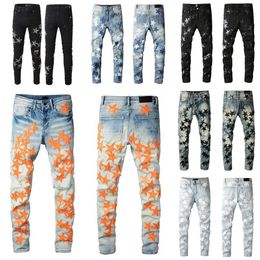 Man Designer Jeans Skinny Five Star Patch Straight Leg for Mens Fashion Knee Ripped Denim Pants With Hole Moto Hip Hop Distressed 246F