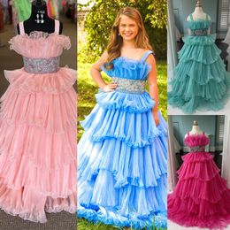 Ruffles Girl Pageant Dress 2024 Crystals Waistband Tiered Organza Little Kids Fun Fashion Runway Drama Gown Toddler Teen Preteen Miss Sherri Periwinkle Pink Sage