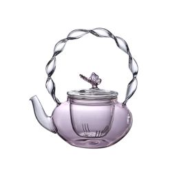 Hot Sale High Borosilicate Glass Twist Pattern Pink Beam Kettle Boiling Butterfly Kettle Thickened Glass Teapot Tea Set 700ml