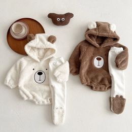 Rompers Baby Autumn Winter Clothes Romper Pants Cute Bear born Boys Girls Plush Warm Velvet Hooded Outfits 231010