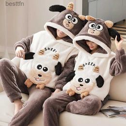 Men's Sleepwear 2023 Winter Couple Thick Warm Flannel Long Sleeve Pajama Sets for Men Cute Cartoon Hooded Sleepwear Women Homewear Home ClothesL231011