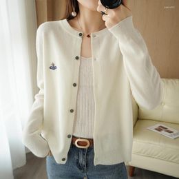 Women's Knits 23 Autumn Winter Wool Cardigan Round Neck Long Sleeve Pure Loose Embroidery Age Reducing Knitted