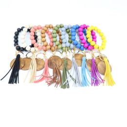 Wood beaded bracelet keychain blank disc tassel key ring pendant pure multicolor optional LL