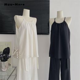 Women's Two Piece Pants Korean Fashion Casual Solid Two-piece Set Women Summer Sleeveless Suspender Top Wide Leg Trousers Sets Elegant Suits