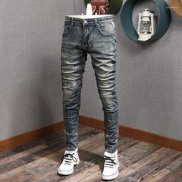 Men's Jeans Autumn Vintage Blue Ripped Fashion Printed Straight Slim Fit Pants Streetwear Casual Cotton Denim Trousers