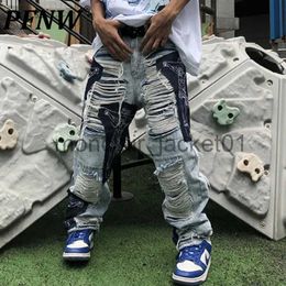 Men's Jeans PFNW Spring Autumn Men's Hip Hop Pants Scraped Patchwork Embroidery Denim Pants Fashion Straight Leisure Worn Out Jeans 28A0034 J231011