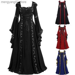 Theme Costume Europe and The United States Medieval Vintage Hooded Dress Square Collar Tie with Flared Sleeves Skirt T231011