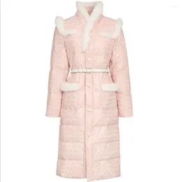 Women's Down Arrival Vintage Pink White Duck Jacket Women Fur Stitching Single Breasted Slim Coat