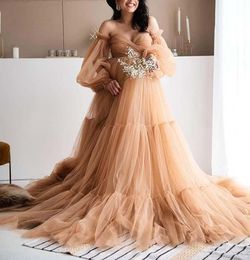 The puffy long-sleeved ball gown off-the-shoulder evening dress for women with gauze pregnancy formal maternity dress