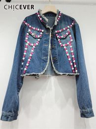 Women's Jackets CHICEVER Vintage Loose Short For Women Stand Collar Long Sleeve Patchwork Embroidered Flares Fashion Denim Coat Female