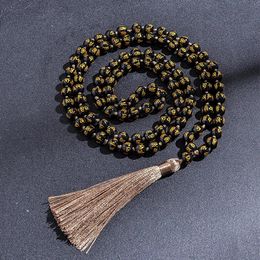 Chokers 108 Six Words Mantra Obsidian Mala Beaded and Knotted Necklace Blessing Meditation Yoga Tibetan Japamala Tassel Jewellery 231010