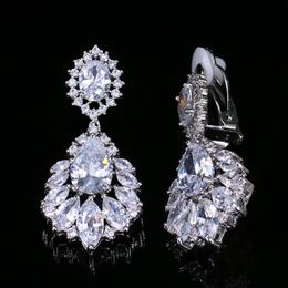 Classic Diamond Clip on Screw Back Earrings Designer for Woman White AAA Cubic Zirconia Silver Dangle Crystal Earring Luxury Wedding Jewellery for Brides Bridesmaid