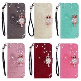 3D Owl Leather Wallet Cases For Iphone 15 14 Pro Max 13 12 11 X XR XS 8 Samsung S23 FE A05 A05S A15 A25 Bling Diamond Flower Lace Cute Slot Flip Cover Night Bird Holder Pouch