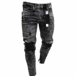 Spring and Summer new men's skinny jeans snowflake casual Slim zipper pants men's jeans2508