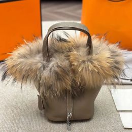 Basket Handbags Purse Cowhide Leather Key Lock Bottom Nail Women Tote Bags Winter Bucket Handbag 20cm