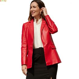 Women's Suits Blazers Bright Red Single Button Women's Suit Jacket PU Fabric Blazers Black Blue Brown Female Slim Fit Coat S M L XL XXL XXXL 231011