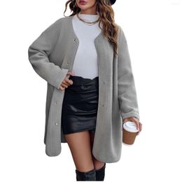 Women's Jackets Polar Fleece Coat Solid Color Round Neck Single Breasted Medium Long Fashion Womens Knit Cardigans Sleeve Kimonos